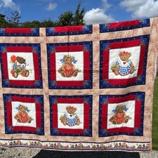 Handmade Patchwork Quilt Bedspread Teddy Bear Panels Size 61 X 68 Inches VGC