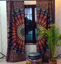 Peacock Indian Mandala Boho Hippie Cotton Window Door Curtains Drapes Wall Decor