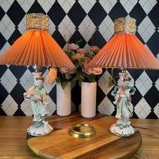 Porcelain Figural Musician Lamp Pair With Coral Pleated Shades Statement Luxury