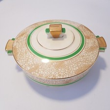 Art Deco Furnivals 1930s Ceramic Tureen Lidded Pot Dish Gold Green 21cm England 