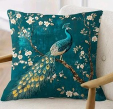 Luxury Peacock & Cherry Blossom Velvet Cushion Cover  18" x 18" (45cm) Teal Bird