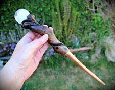 Contorted Hazel wood wand/athame with aura quartz crystal ball setting