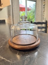 Vintage Dolphin Teakwood Cheese Server Tray with Glass Cloche Dome 7" Diameter