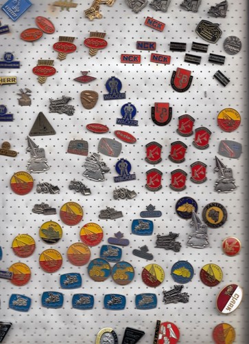 Vintage industrial pin badges - industrial,