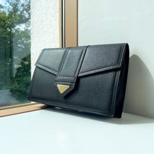 Saint Laurent Vintage Black Leather YSL Logo Plate Clutch Bag Purse Authentic