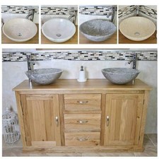Solid Oak Bathroom Vanity Double Unit Cabinet Twin Marble Bowl Basin Tap Plug