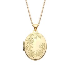 9ct Gold on Sterling  Silver Floral Patterned Photo Locket Pendant & Box Chain