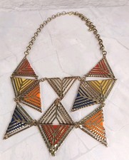 Statement Necklace Gold Tone Coloured Triangles 18" + 3" Extender VGC