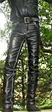 Mens Motorcycle Leather Jeans Pants Biker trouser Cow Plain Leather White Stitch