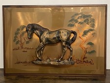 Vintage Signed Framed Mid 20th Century Metallic Relief Sculpture Of A Horse.
