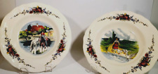 French Faience Sarreguemines Pottery 2 Soup Bowls Man Horses Girl Goose Obernai