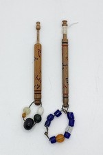 2 Wood Treen Antique Lace Bobbins Spiral Names Selina & Harriot With Spangles