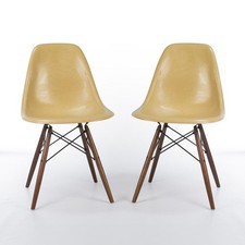 Herman Miller Eames DSW Light Ochre Pair (2) Vintage Dining Side Shell Chairs