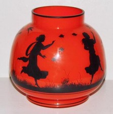 Fine Antique Bohemian Art Glass Vase Silhouette Girls Chasing Butterflies Shelly