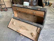 Vintage 1950s Handmade Black Painted Wooden Carpenters Tool Box with Drawer