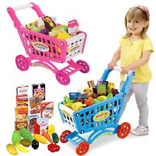 Kids Shopping Trolley Toy Cart Play Food Set Childs Pretend Shop Push Along Toy