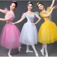 Women Girls Mesh Ballet Dance Dress Tutu Dancewear Puff Sleeve Ballroom Practice