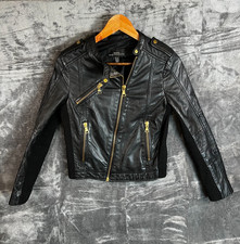 Mango Women’s Biker Jacket XS Black Genuine Leather Gold Zip Moto Style