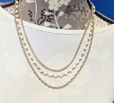 Vintage Layered/Subtle Statement Coro 3 Strand Gold Tone Necklace w/ white beads