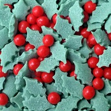 HOLLY & BERRY EDIBLE XMAS SPRINKLES for Cake and Cupcake Decorations 30g - 100g
