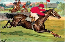 Arthur Thiele Silk Jockey Horse Racing Comic Postcard Germany Embossed