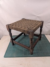 Vintage Retro Rope Rattan Hemp Small Wooden Foot Stool Woven Top 33 x 33 x 31cm