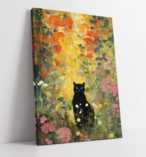 GUSTAV KLIMT BLACK CAT IN FLOWERY GARDEN -DEEP FRAMED CANVAS WALL ART PRINT
