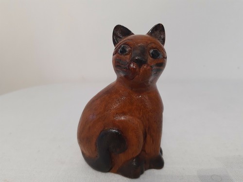 Vintage wood cat - figurine, hand