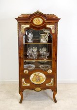 Antique Louis XVI Style Walnut Vitrine Cabinet with Porcelain Plaques, c.1910