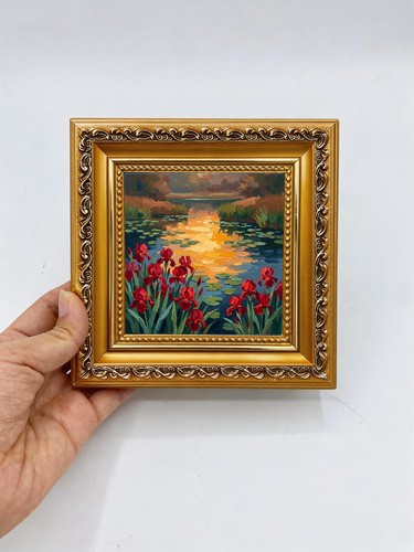 Red iris pond sunset floral - red,