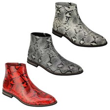 Mens Faux Leather Shiny Snake skin Print Ankle Boots Zip on Chelsea Dealer Shoes