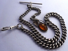Lovely antique solid silver pocket watch albert chain w/ silver & amber fob