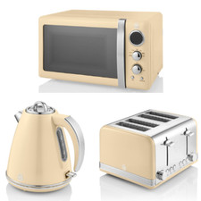 Swan Retro Jug Kettle, 4 Slice Toaster & Digital Microwave Cream Vintage Set
