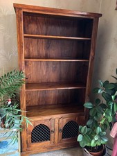 VINTAGE JALI SHEESHAM DARK WOOD SHELF UNIT WITH WROUGHT IRON CUPBOARD PANELS