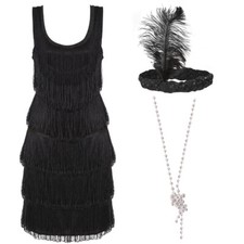 1920'S DELUXE BLACK FLAPPER DRESS FANCY DRESS COSTUME ADULTS CHARLESTON GATSBY