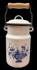 Emalia VTG Enamelware Milk Jug Pail White Blue Floral Made in Poland 8”H Lid