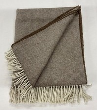 PURE WOOL Fringed Throw/Blanket/UK WOVEN. Brown/Natural Herringbone Free P+P
