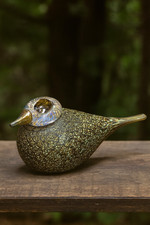 Iittala Oiva Toikka Art Glass Bird Finland Signed Stickered 6” Green Speckled 