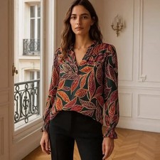 Democracy Plus Size Woven Leaf Print Ruffle V-Neck Long Sleeve Blouse Size 1X