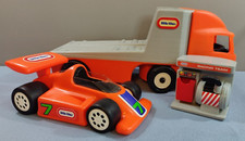 RARE VINTAGE 23" LITTLE TIKES ORANGE TRUCK FLAT BED TRAILER RACE CAR TEAM HAULER
