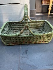 Vintage Wicker Basket, trug shaped, painted green