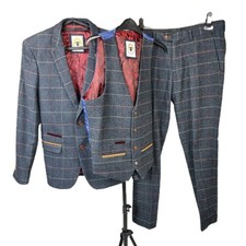 Marc Darcy Eton Blue Check 3 Piece Suit 38R Jacket  Wedding Smart