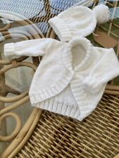 Hand Knitted Baby Cardigan With  Matching Hat. White. 14" Chest. BNWT.