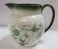 VINTAGE BLAKENEY ENGLAND STONEWARE GREEN PITCHER DOGWOOD FLOWERS 6.5" TALL