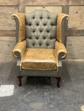 Vintage Tan Leather / tweed Fabric High Back Chair