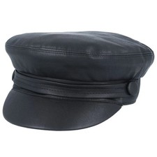 Men’s Black Leather Look Fiddler Cap Crushable Breton Fisherman Greek Sailor Hat