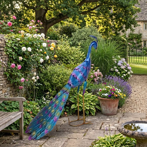 Metal peacock statue lifelike - metal,