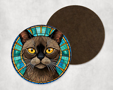 Cute Burmese Cat Kitten Stained Glass Round Coaster Tea Coffee Present Gift