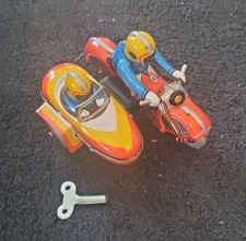 Tin Windup Motorcycle Toy with Sidecar and Windup Key