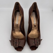 Pura Lopez Womens Leather Buckle Heel Shoes Size US 9 Brown Open Toe Y2K Office